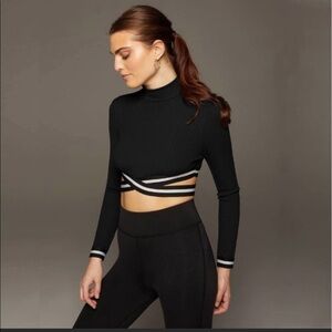 MICHI Apex Ribbed Long Sleeve Top Criss Cross Strap Cropped Black